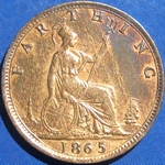 1865 UK farthing value, Victoria, bun head, 5 over 3