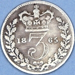 1865 UK threepence value, Victoria, young head