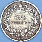 1866 UK shilling value, Victoria, young head, BBITANNIAR