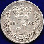 1866 UK threepence value, Victoria, young head