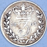 1867 UK threepence value, Victoria, young head