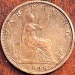 1868 UK farthing value, Victoria, bun head