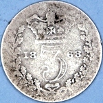 1868 UK threepence value, Victoria, young head, RRITANNIAR