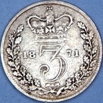 1871 UK threepence value, Victoria, young head