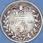 1872 UK threepence value, Victoria, young head