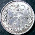 1875 UK threepence value, Victoria, young head