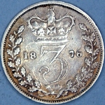 1876 UK threepence value, Victoria, young head