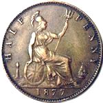 1877 UK halfpenny value, Victoria, bun head