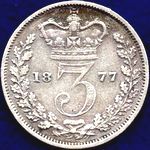 1877 UK threepence value, Victoria, young head