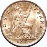 1879 UK penny value, Victoria, bun head, large date, incuse lines