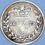 1879 UK threepence value, Victoria, young head