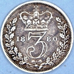 1880 UK threepence value, Victoria, young head