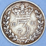 1881 UK threepence value, Victoria, young head