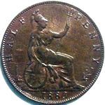 1883 UK halfpenny value, Victoria, bun head, brooch