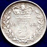 1883 UK threepence value, Victoria, young head