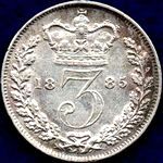1885 UK threepence value, Victoria, young head
