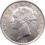 1886 UK halfcrown value, Victoria, young head, D596