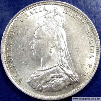1887 UK shilling obverse, Victoria, jubilee head
