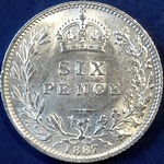 1887 UK sixpence value, Victoria, jubilee head, wreath reverse