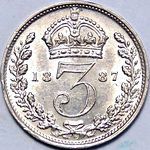 1887 UK threepence value, Victoria, jubilee head