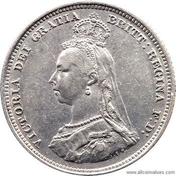 1888 UK shilling obverse, Victoria, jubilee head
