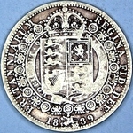 1889 UK halfcrown value, Victoria, jubilee head, no tuft, small pearl, D644