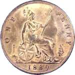 1889 UK penny value, Victoria, bun head, 14 leaves