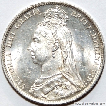 1889 UK shilling obverse, Victoria, jubilee head, large head