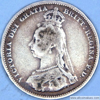 1889 UK shilling obverse, Victoria, jubilee head, small head