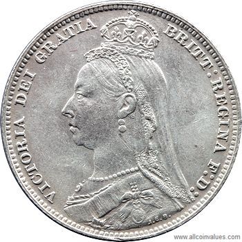 1891 UK shilling obverse, Victoria, jubilee head