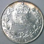 1892 UK sixpence value, Victoria, jubilee head