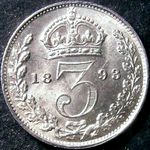 1893 UK threepence value, Victoria, old veiled head