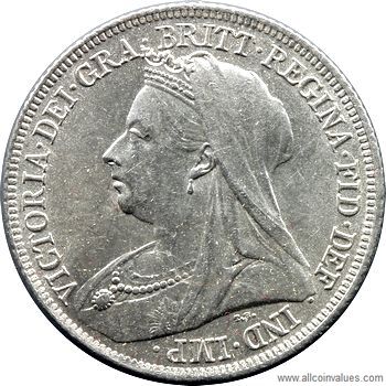 1894 UK shilling obverse, Victoria, old veiled head