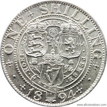 1894 UK shilling reverse, Victoria, old veiled head