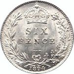 1894 UK sixpence value, Victoria, old veiled head