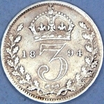 1894 UK threepence value, Victoria