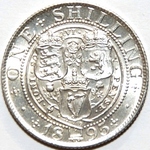1895 UK shilling value, Victoria, old veiled head, large rose