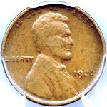 1922 D US penny, Lincoln wheat, no D, strong reverse