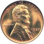 1937 P US penny, Lincoln wheat