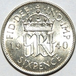 1940 UK sixpence value, George VI