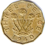 1940 UK threepence value, George VI, brass
