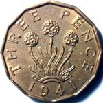 1941 UK threepence value, George VI, brass