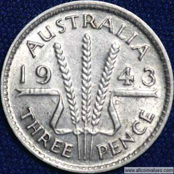 1943 Australian threepence reverse, Melbourne mint