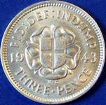 1943 UK threepence value, George VI, silver