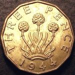 1944 UK threepence value, George VI, brass