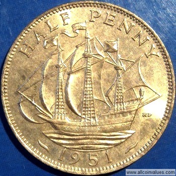 GREAT BRITAIN 1950 Half Penny Bronze Coin The Golden Hind King George VI