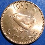 1953 UK farthing value, Elizabeth II, obverse 1, reverse B