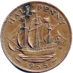 1955 UK halfpenny value, Elizabeth II