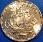 1957 UK halfpenny value, Elizabeth II, calm seas