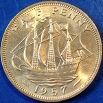 1957 UK halfpenny value, Elizabeth II, rough seas